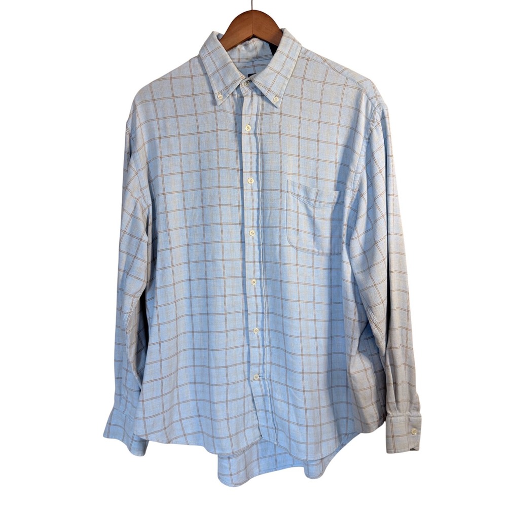 Henry Cotton's Mens Large Blue Tan Plaid Cotton Button Down Long Sleeve Shirt